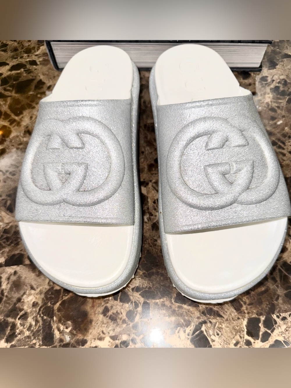 Gucci Silver Glitter Platform Slides GG Logo Size 38 / US 7.5–8, Authentic